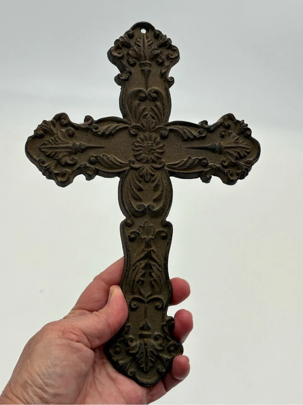Vintage Ornate Wrought Iron Wall Cross in Rustic Brownish Color